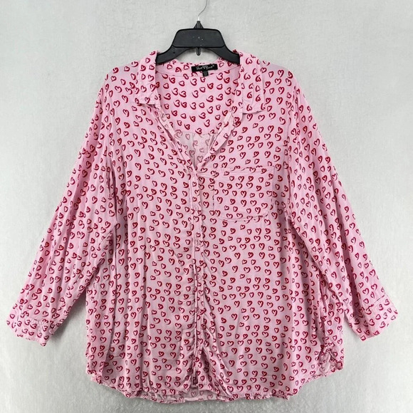 Velvet Heart Blouse Womens 2X Pink Red Hearts Prints Long Sleeve Pockets Button - Picture 1 of 10